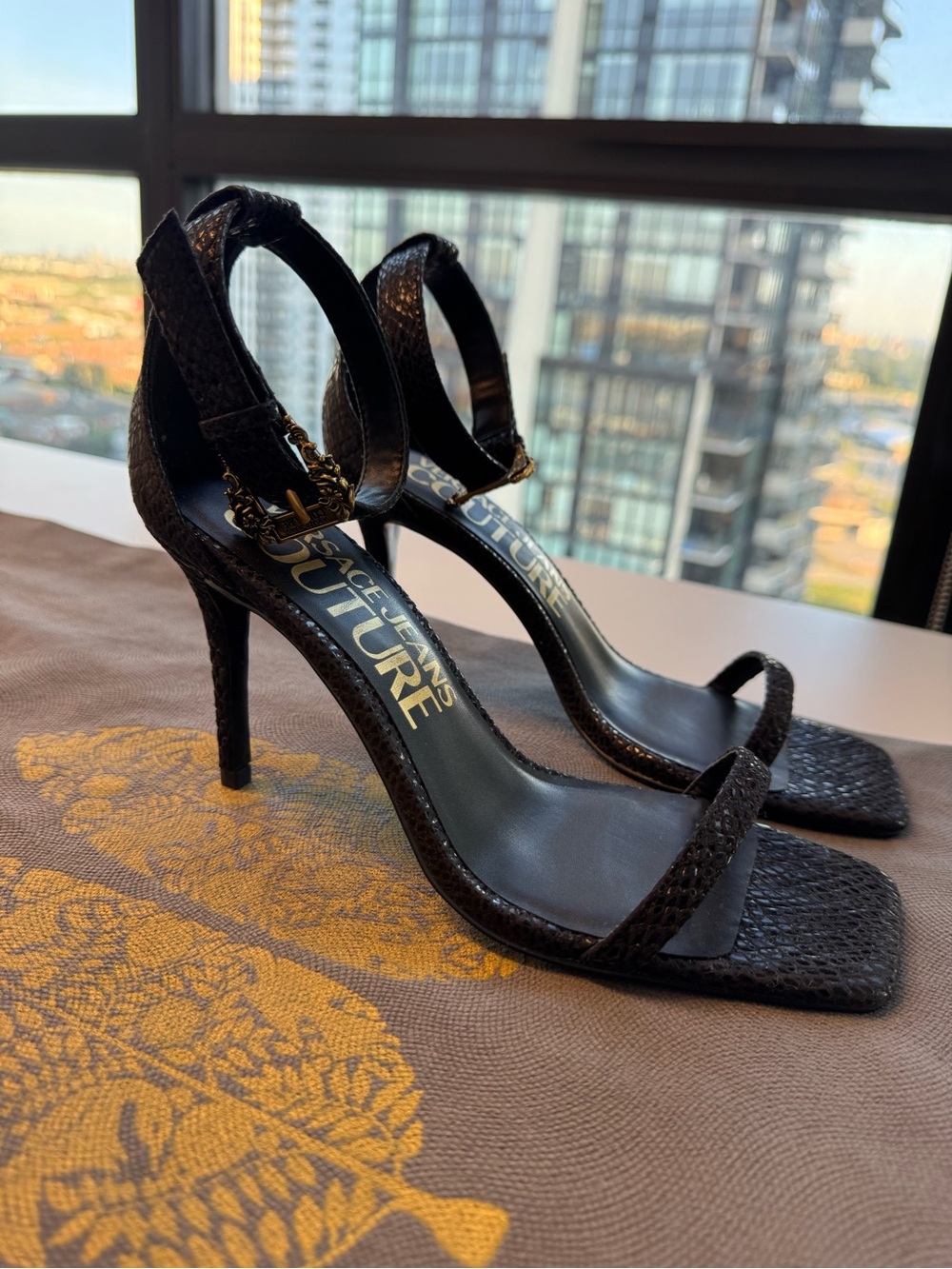 Versace Jeans Collection Black Strappy Ankle-Heel with Gold Buckle